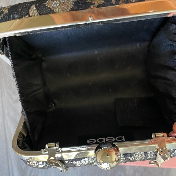 BEBE LACE & SEQUIN BLACK & SILVER MINI CLUTCH HANDBAG PURSE - Picture 6 of 6